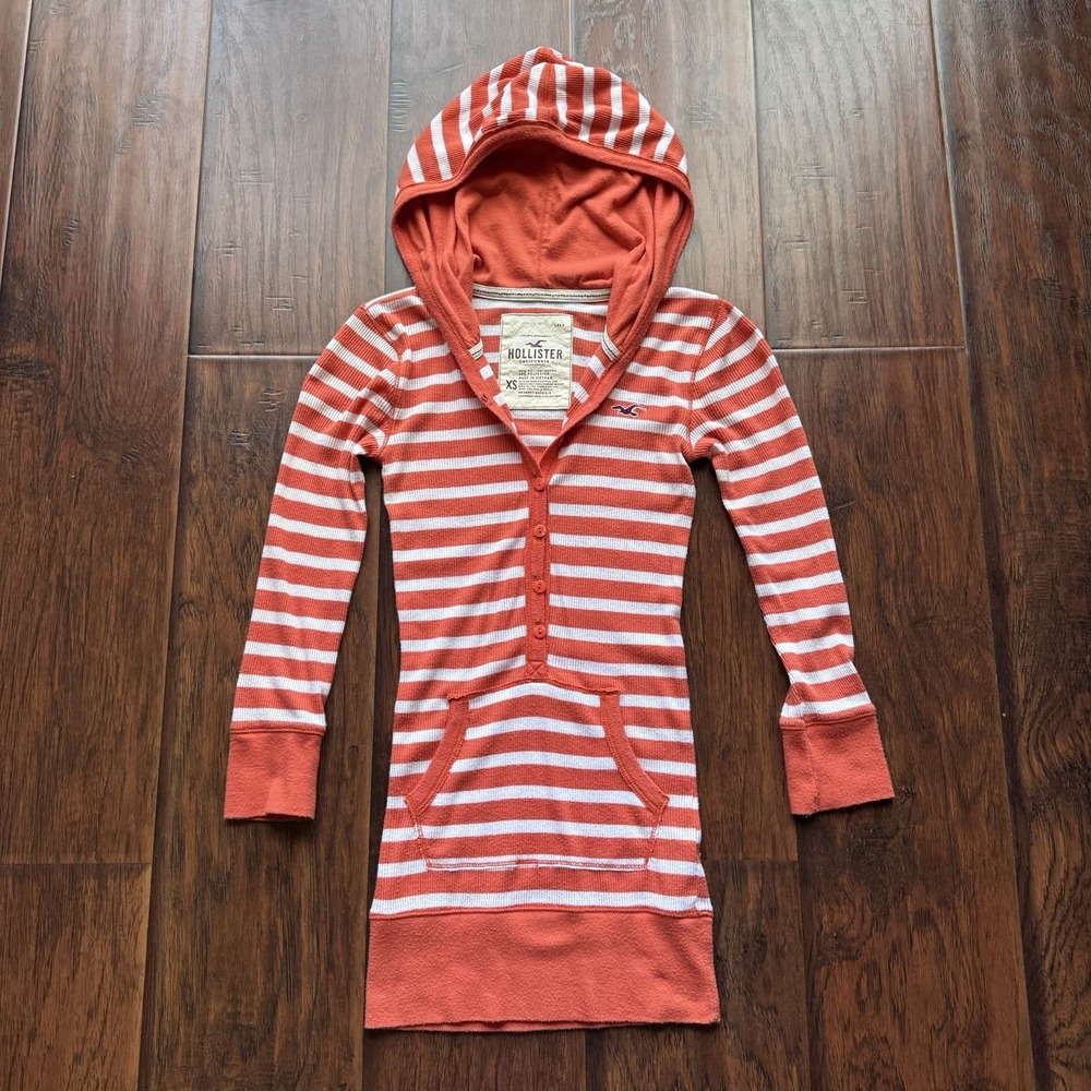 Hollister Babydoll Top Waffle Thermal Hoodie‎ Y2K Tight Fit Orange White Size XS